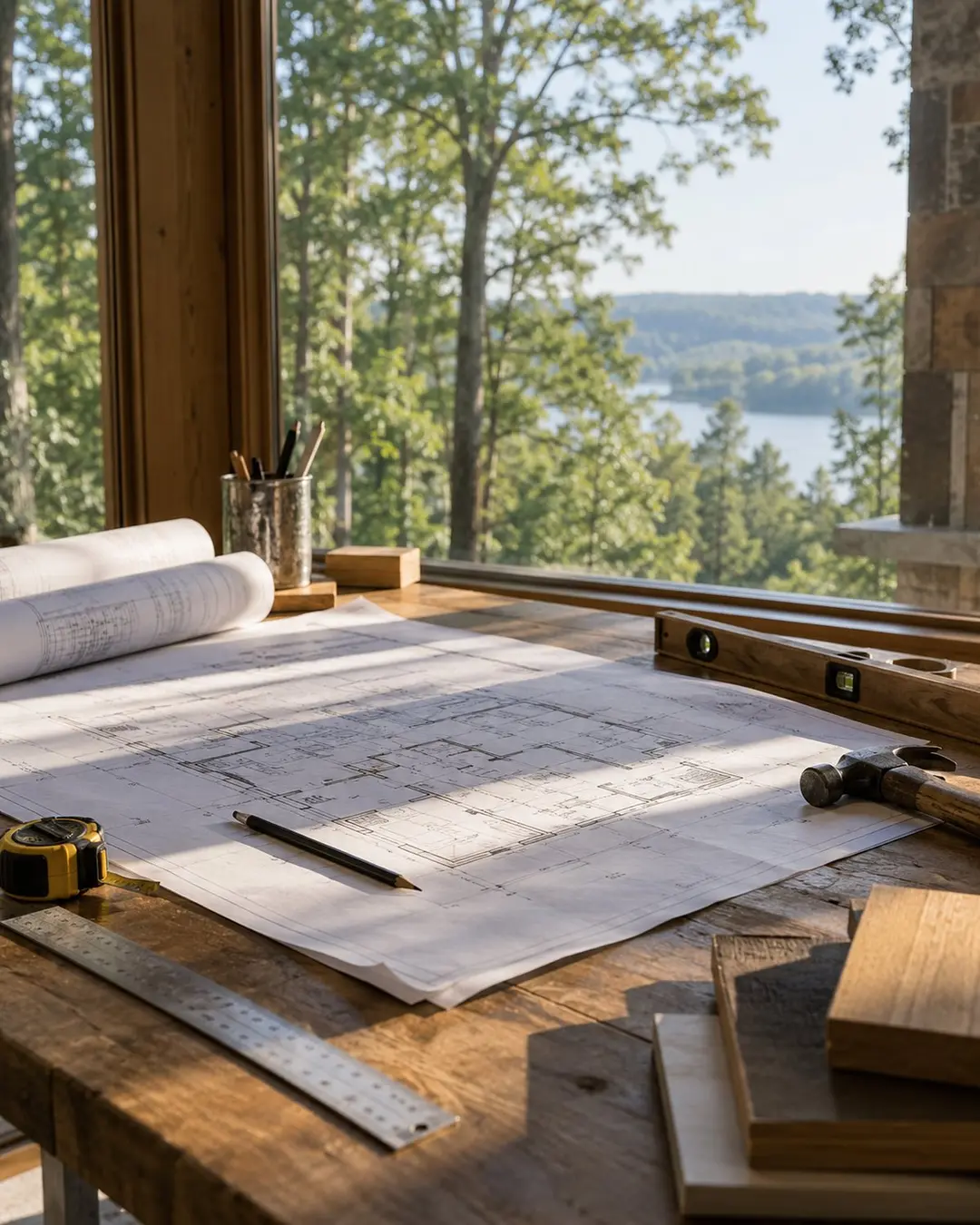 Architectural plans and construction materials on a worktable