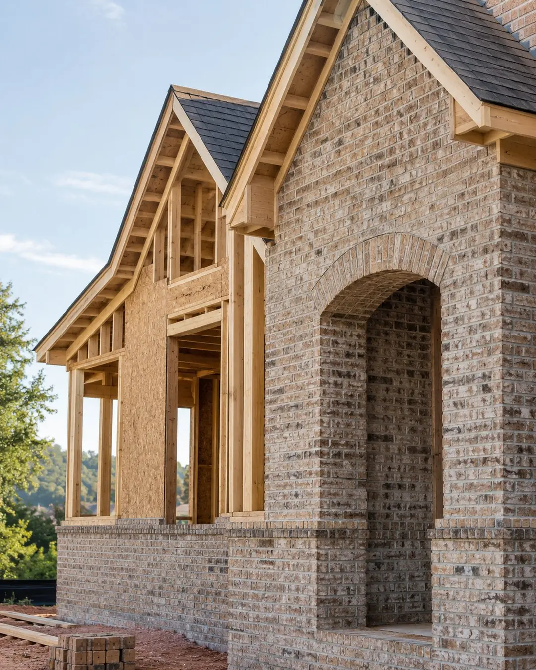 Residential framing and brickwork at a Birmingham construction site