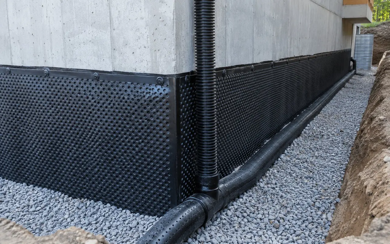 Foundation drainage work beside a residential basement wall