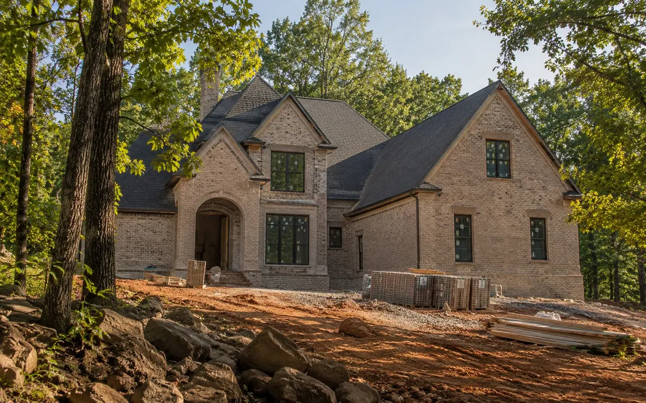 Custom brick home construction on a wooded Alabama property