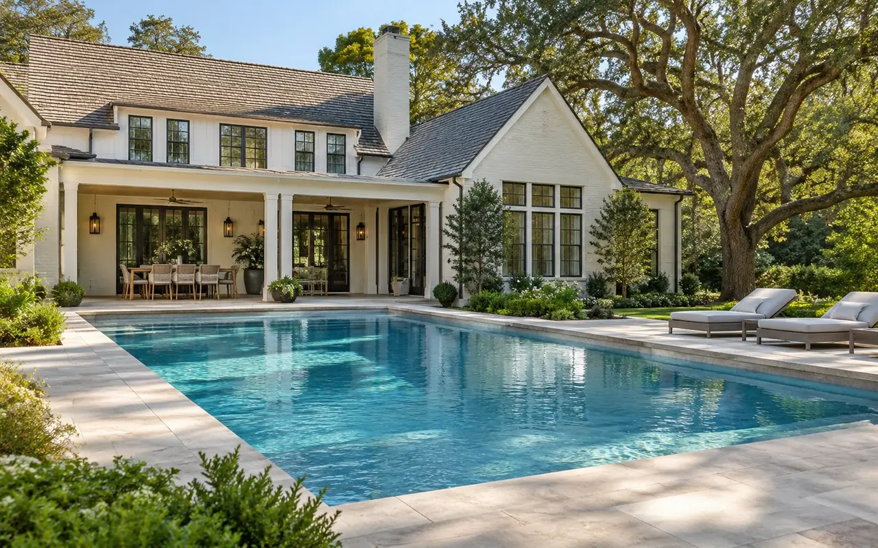 Completed custom pool in a landscaped Alabama backyard