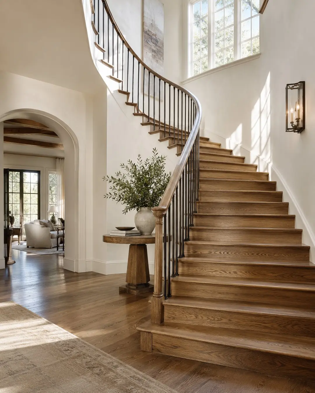 Finished oak staircase and bright interior of a custom home