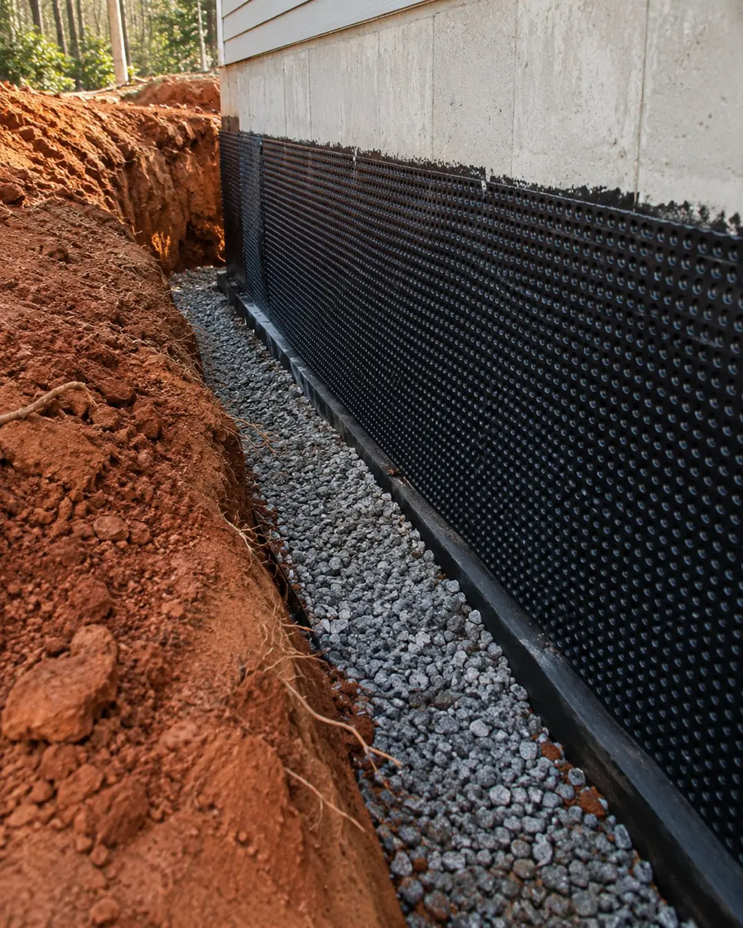 Close view of foundation waterproofing and gravel drainage trench