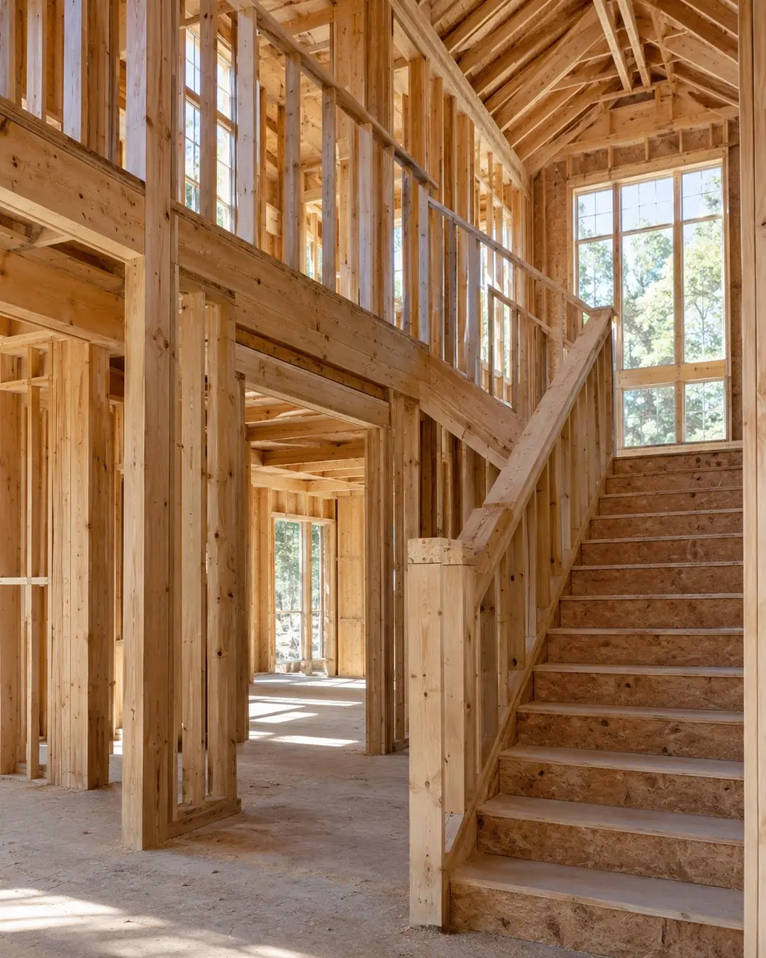 Timber framing and staircase work inside a custom home