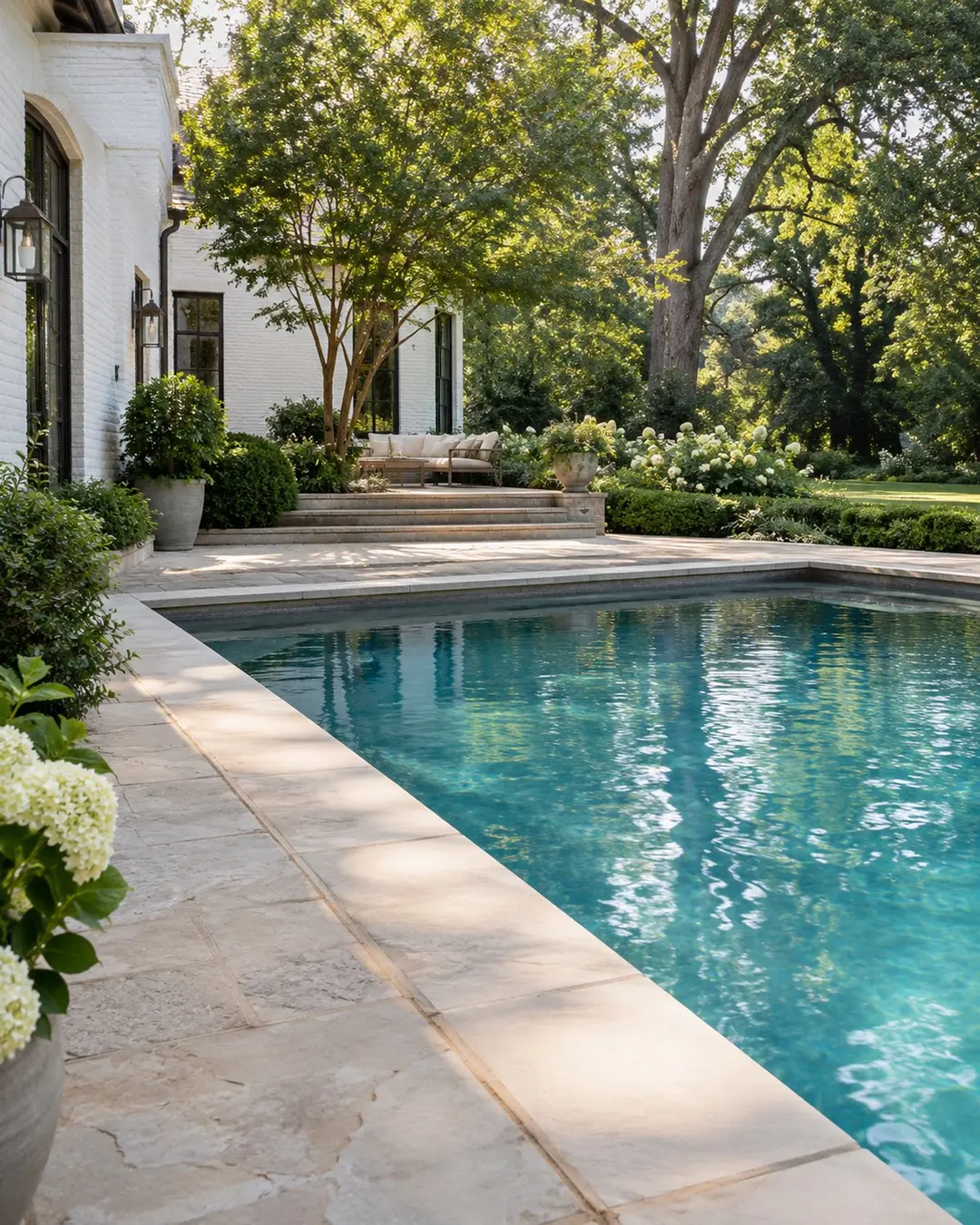 Stone pool edge and blue water in a Southern garden
