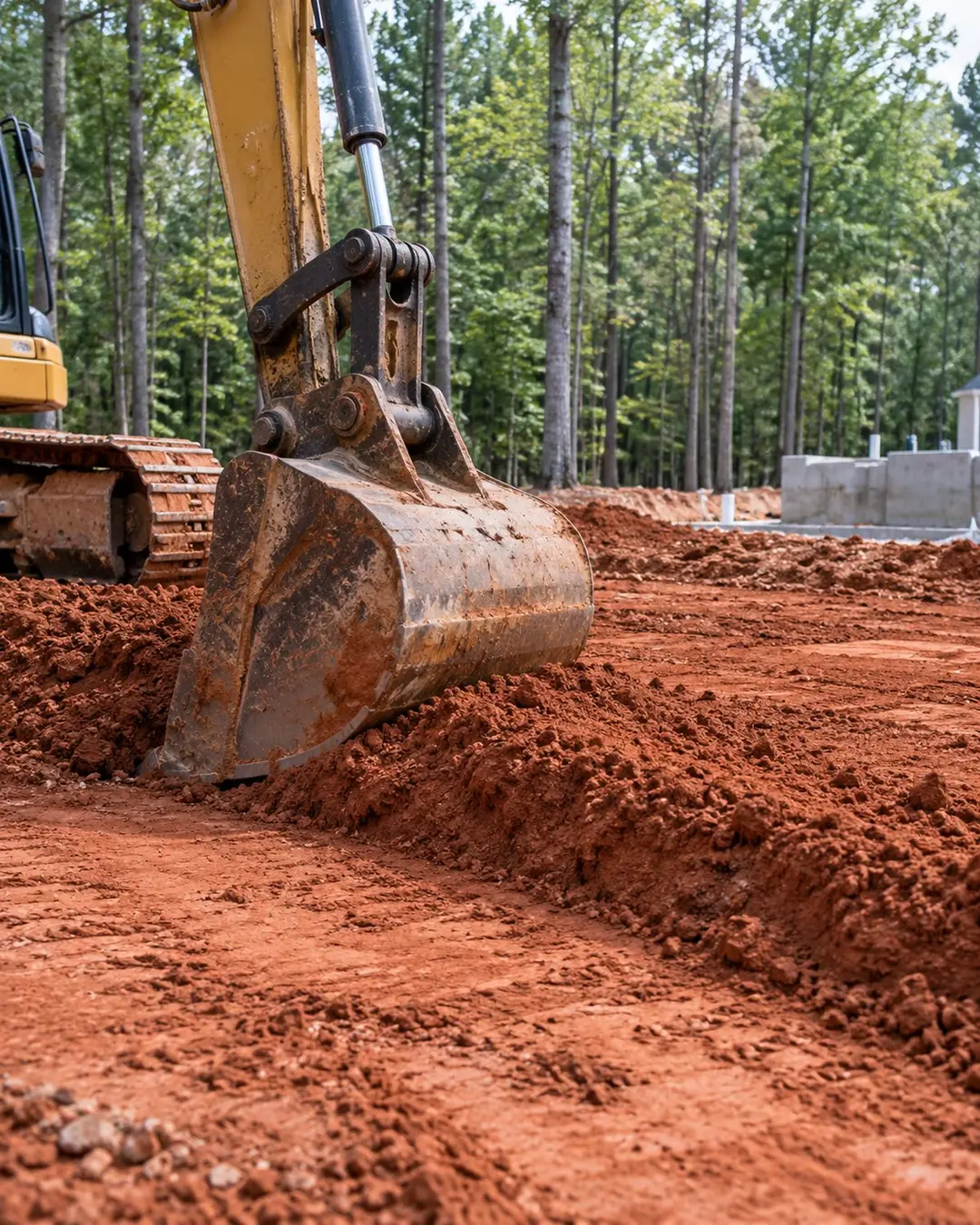 Excavator bucket preparing red clay ground for construction