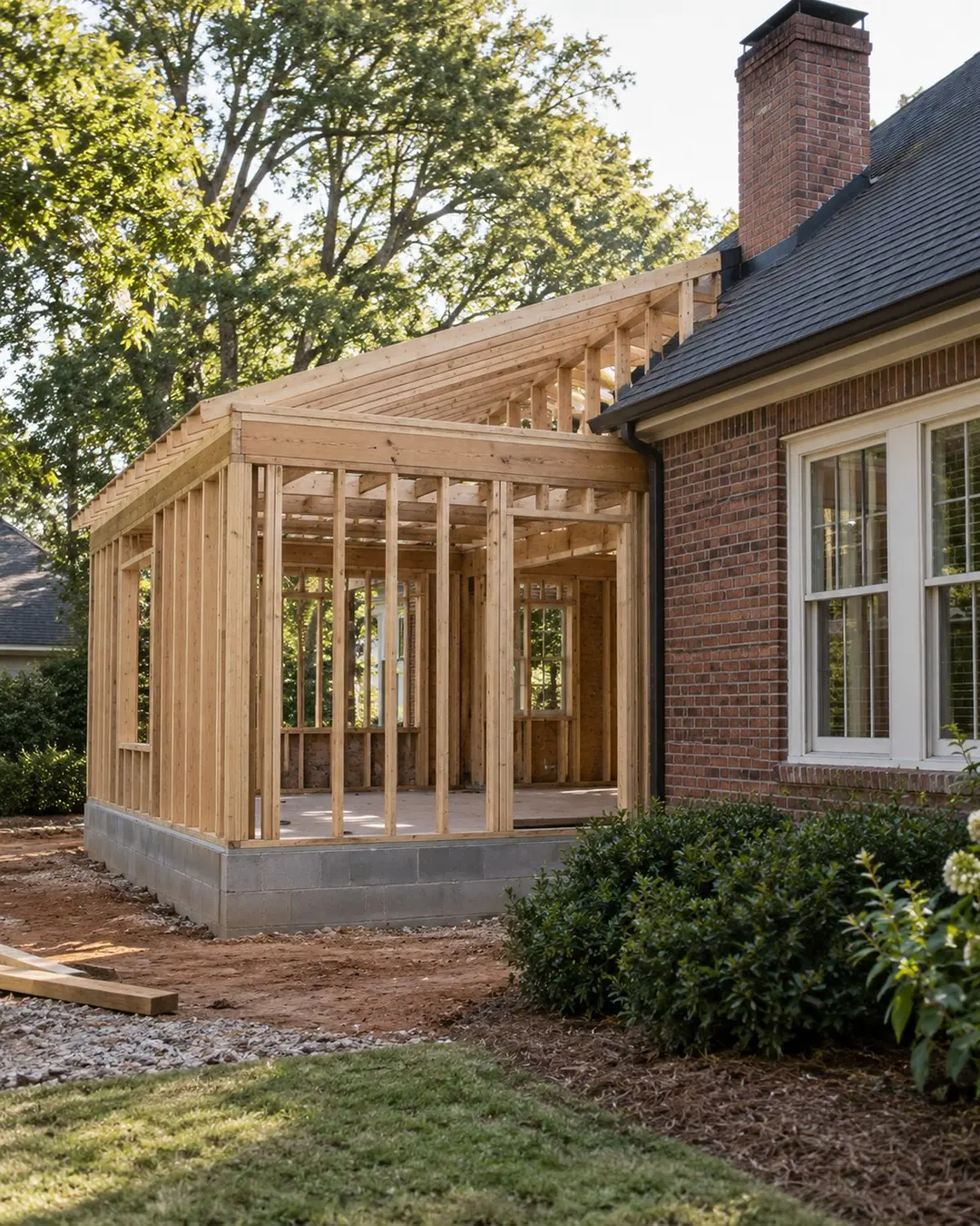 Home addition framing beside an established brick residence