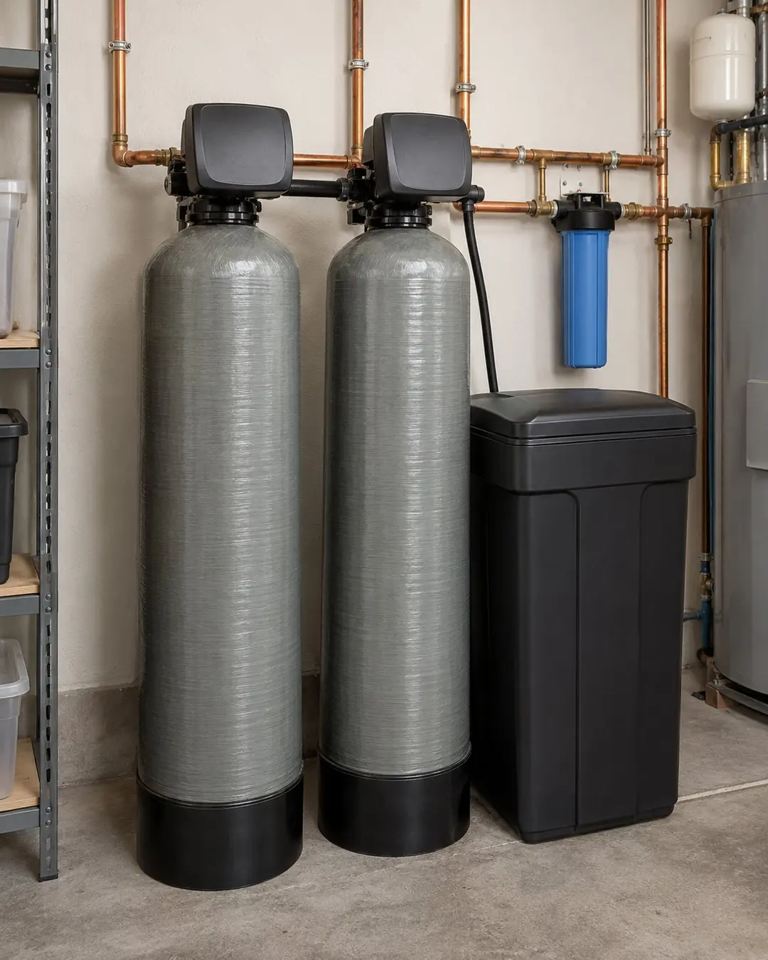 Close view of copper pipes and whole-house water filtration equipment