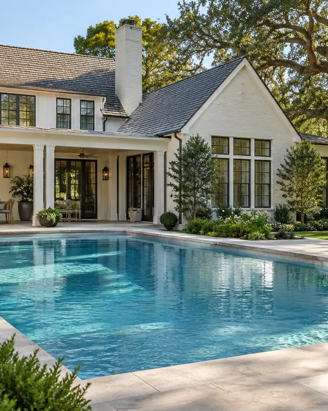 Completed custom pool in a landscaped Alabama backyard